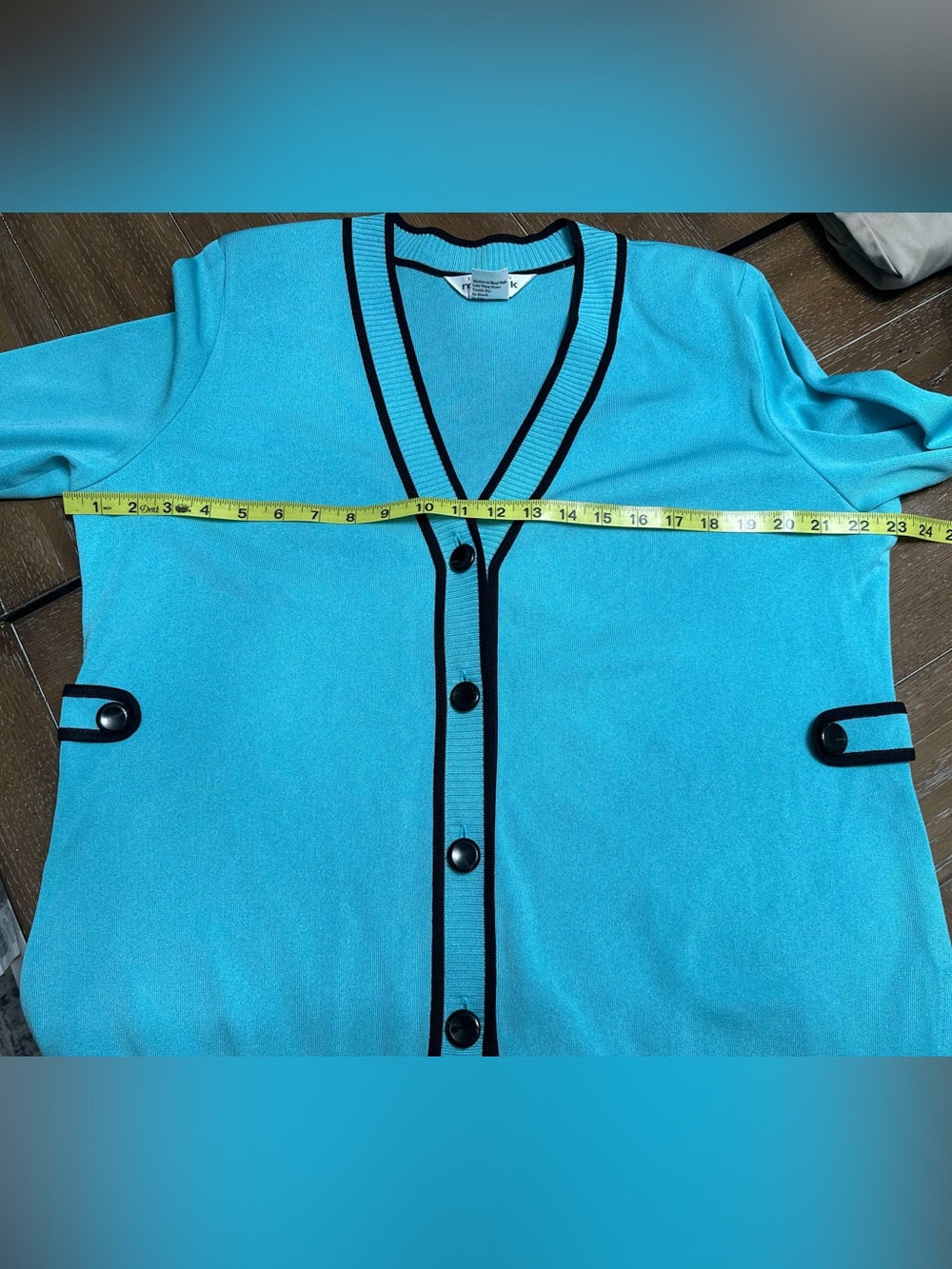 EUC Vintage Misook Jacket Petite Large Front Cardigan Classic Knit Aqua Black PL - Picture 12 of 12